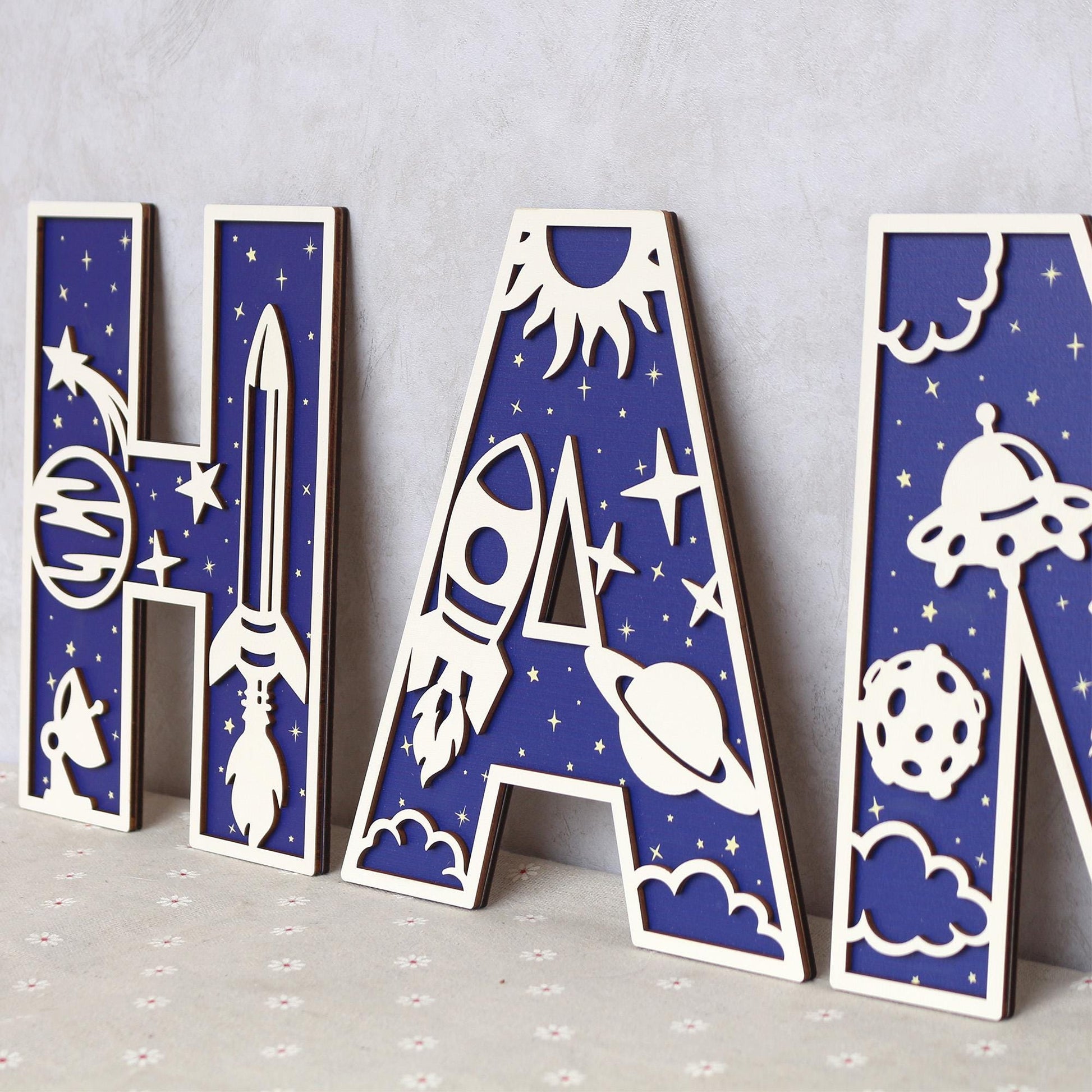 Personalized Space Letter: 3D Wooden Name Sign, Nursery Decor
