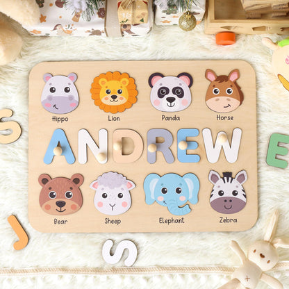 Personalized Name Puzzle With Animals | New Baby Gifts | First Christmas Gifts | 1st Birthday Gifts | Montessori Toys | Baby Shower Gifts