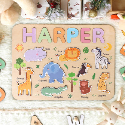 Personalized Safari Name Puzzle | New Baby Gifts | First Christmas Gifts | 1st Birthday Gifts | Montessori Toys | Baby Shower Gifts